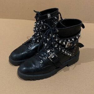 Zara Black Leather Studded Combat Boots